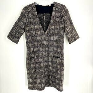 Country Road Womens Tweed Boucle Shift Dress XS Brown‎ Cotton Wool V-Neck XS